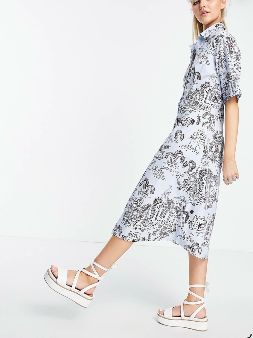 Monki Pale Blue Shirt Dress with Maroon Botanical Print - Picture 2 of 11